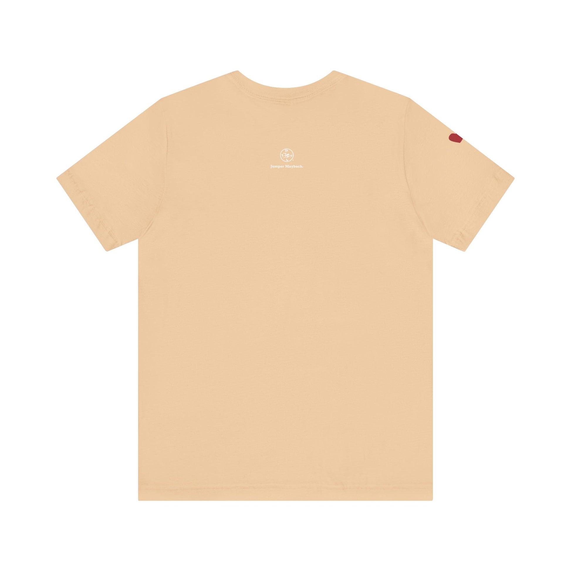 Beige t-shirt with a small logo on the chest area against a white background