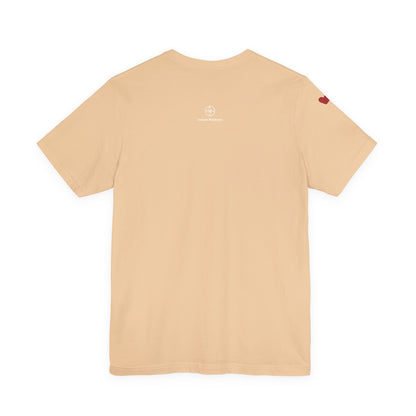 Beige t-shirt with a logo on the back against a white background