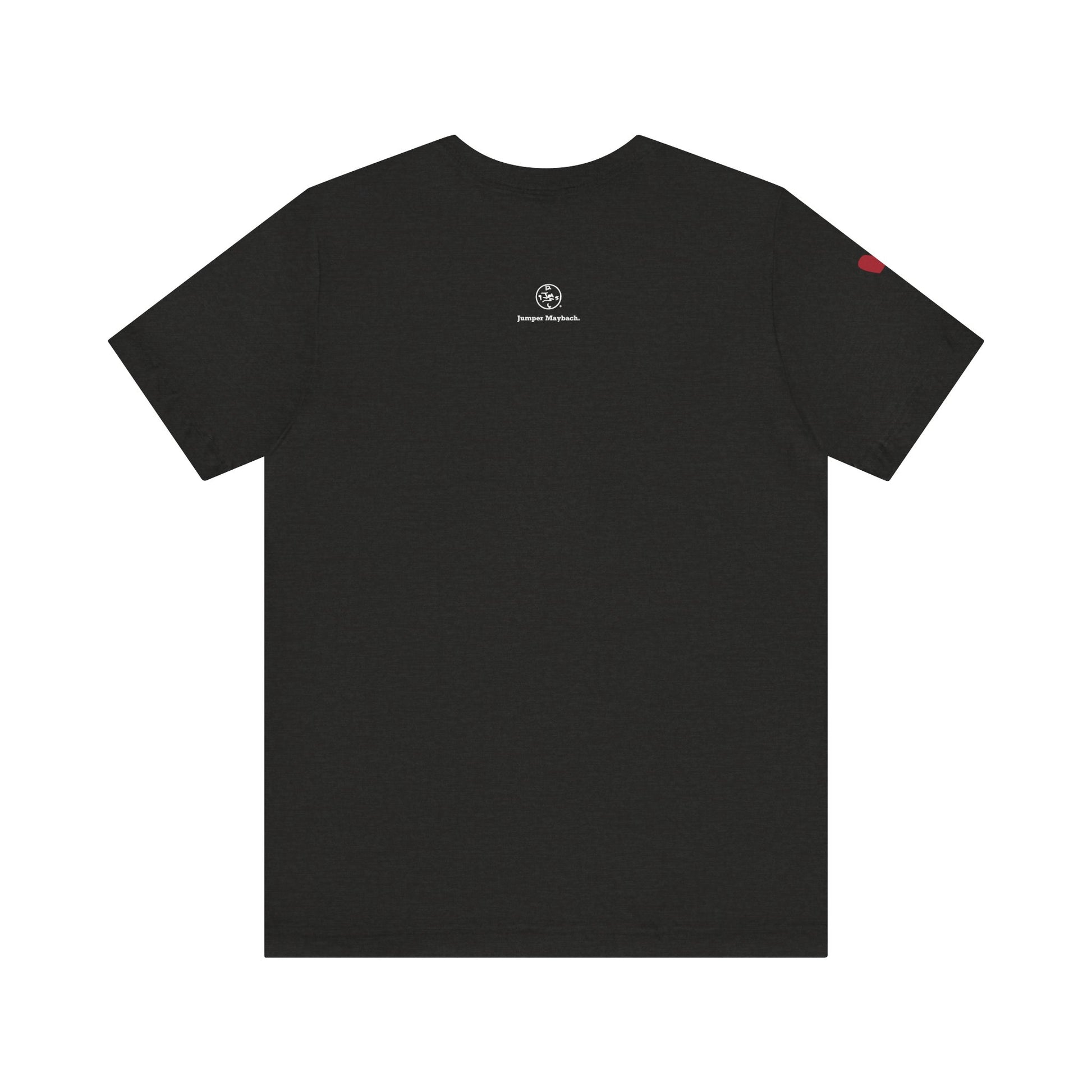 Black t-shirt with a logo on the back against a white background