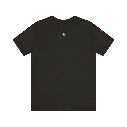 Black t-shirt with a logo on the back against a white background