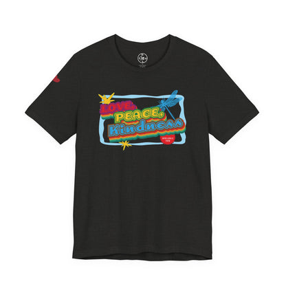 Black t-shirt with colorful graphic design on a white background