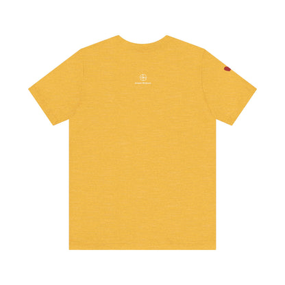 Yellow t-shirt with a small logo on the chest area against a white background
