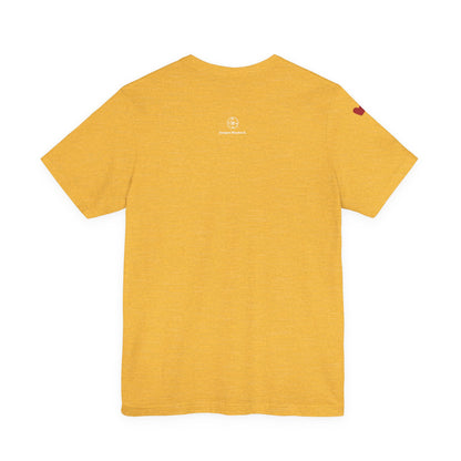 Yellow t-shirt with a logo on the back against a white background