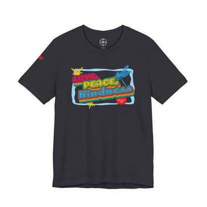 Black t-shirt with colorful graphic design on a white background
