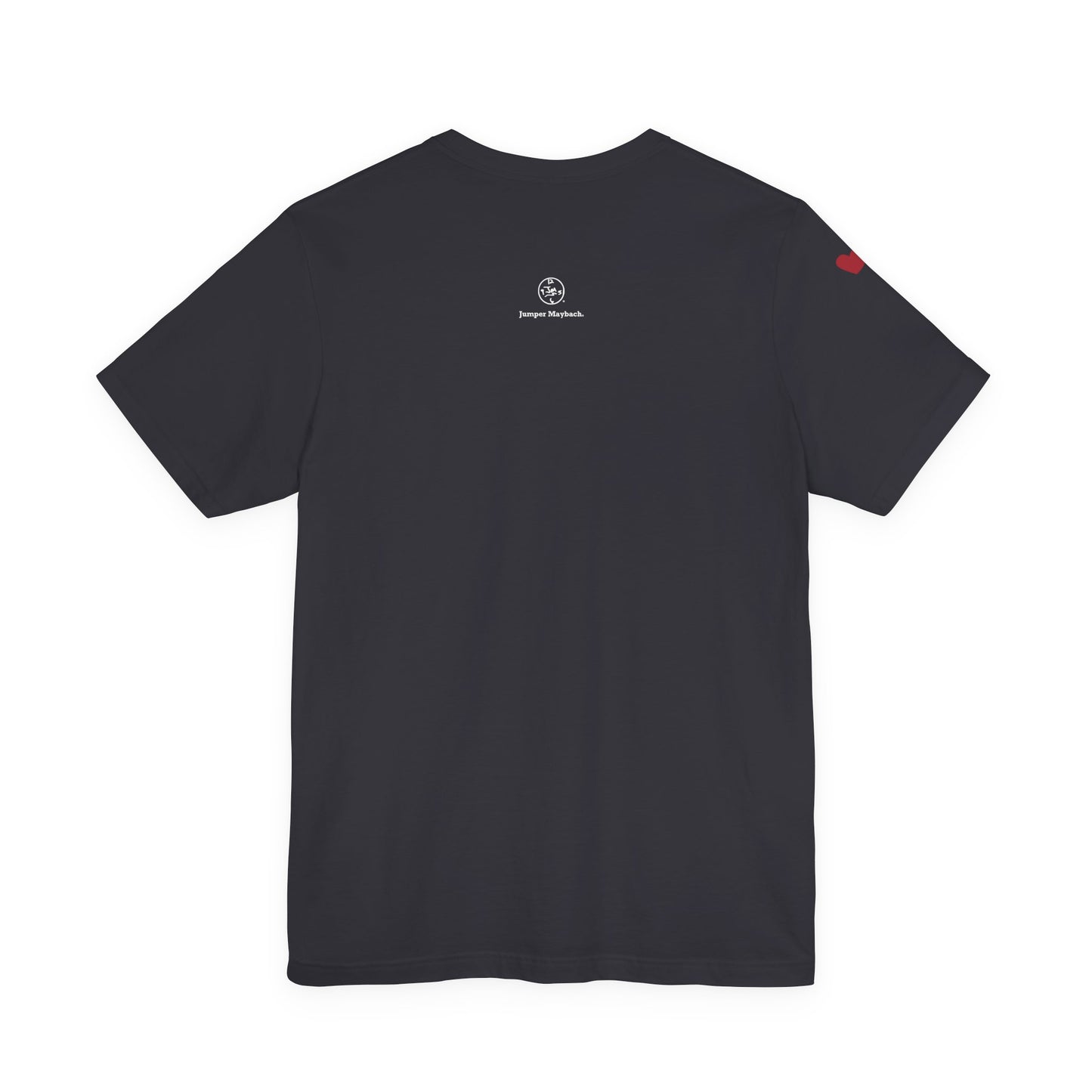 Black t-shirt with a logo on the back against a white background