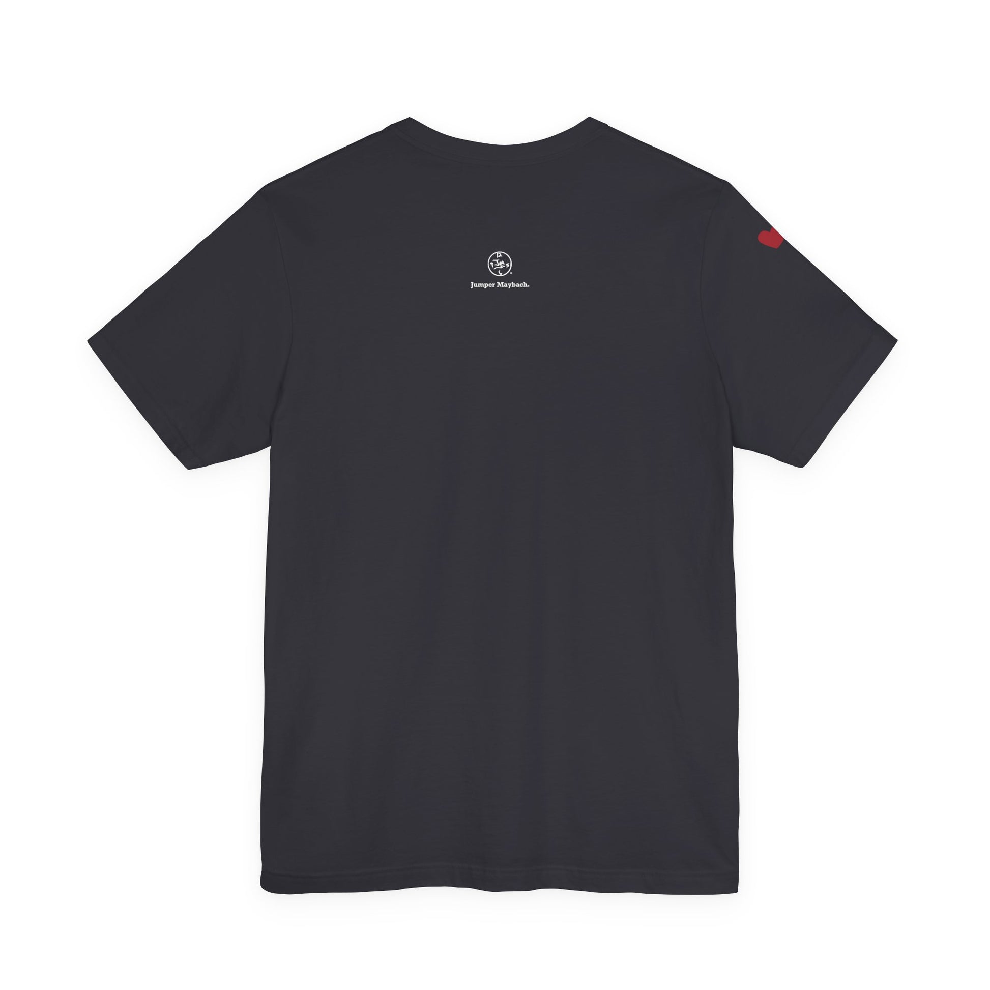 Black t-shirt with a logo on the back against a white background