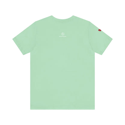 Light green t-shirt with a small red logo on the chest against a white background