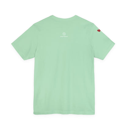 Light green t-shirt with a small logo on the back against a white background