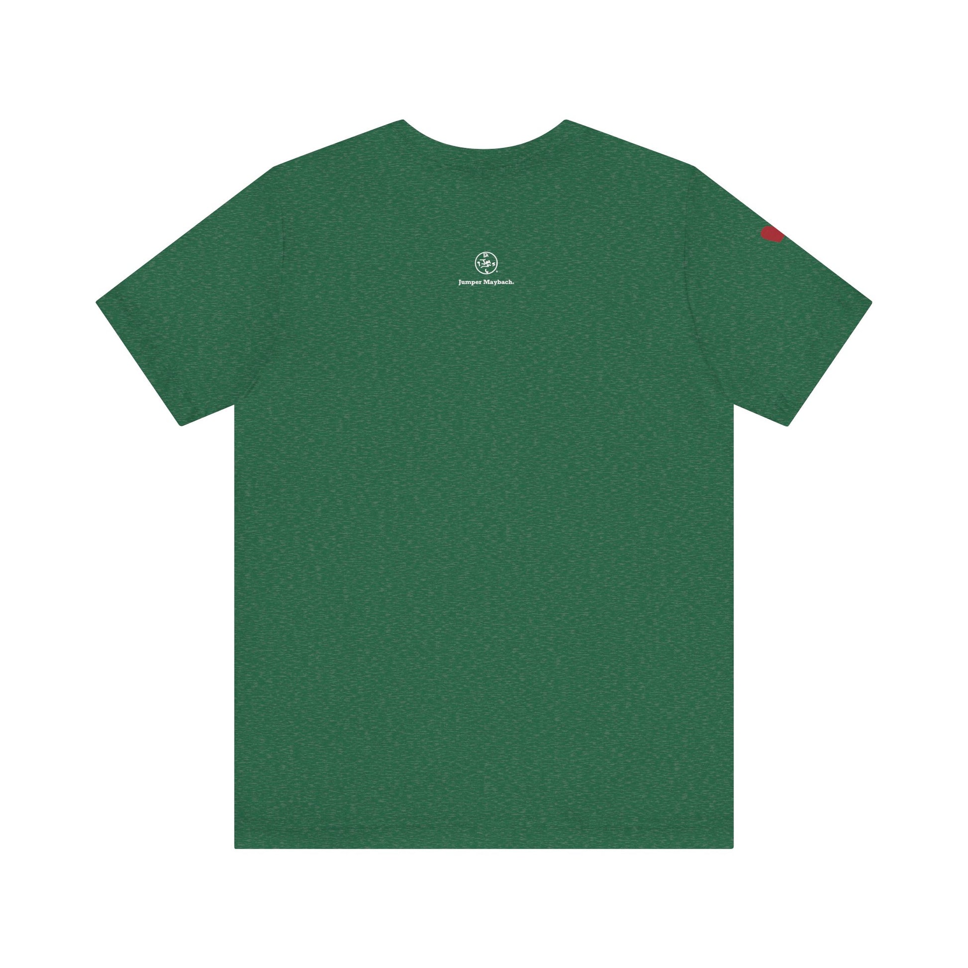 Green t-shirt with a logo on the back against a white background