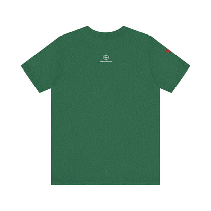 Green t-shirt with a logo on the back against a white background