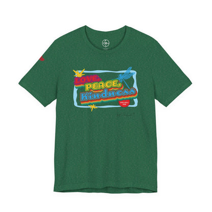 Green t-shirt with colorful graphic design on a white background