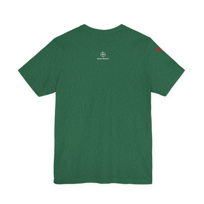 Green t-shirt with a logo on the back against a white background