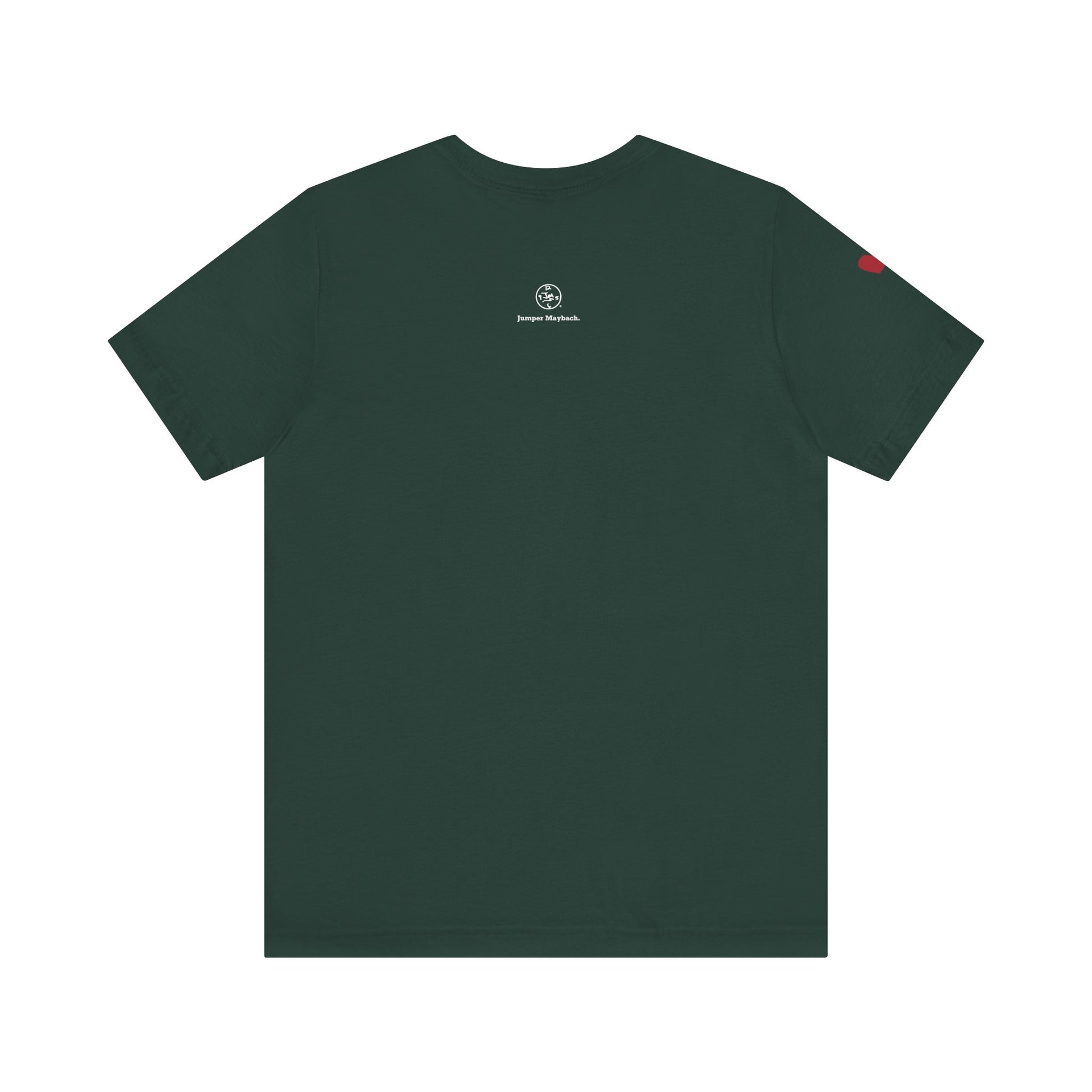 Green t-shirt with a logo on the back against a white background