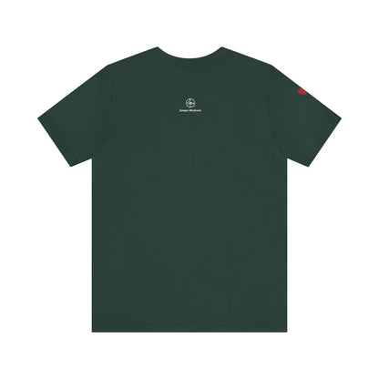 Green t-shirt with a logo on the back against a white background
