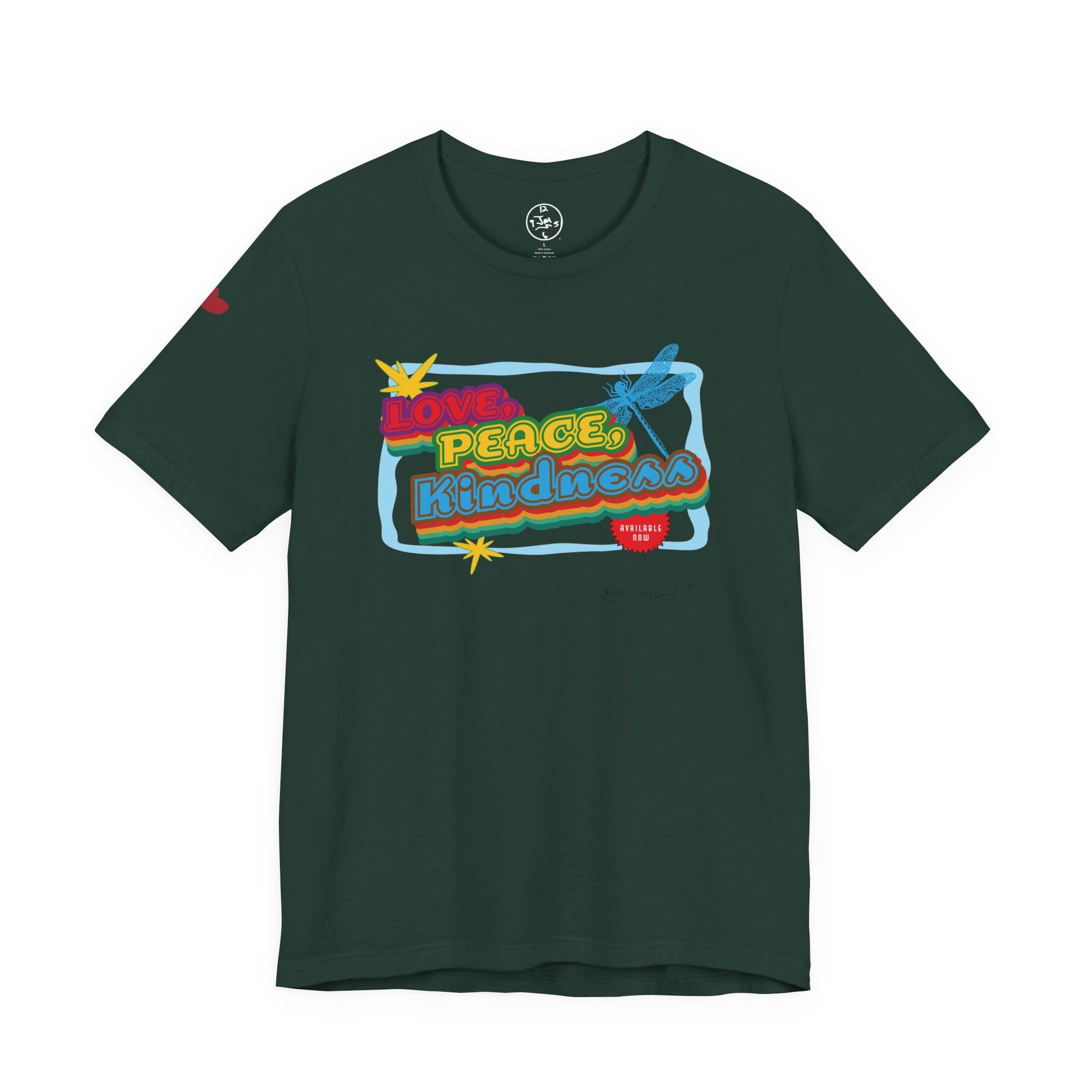 Dark green t-shirt with colorful graphic design on a white background