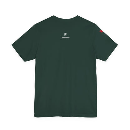 Green t-shirt with a logo on the back against a white background