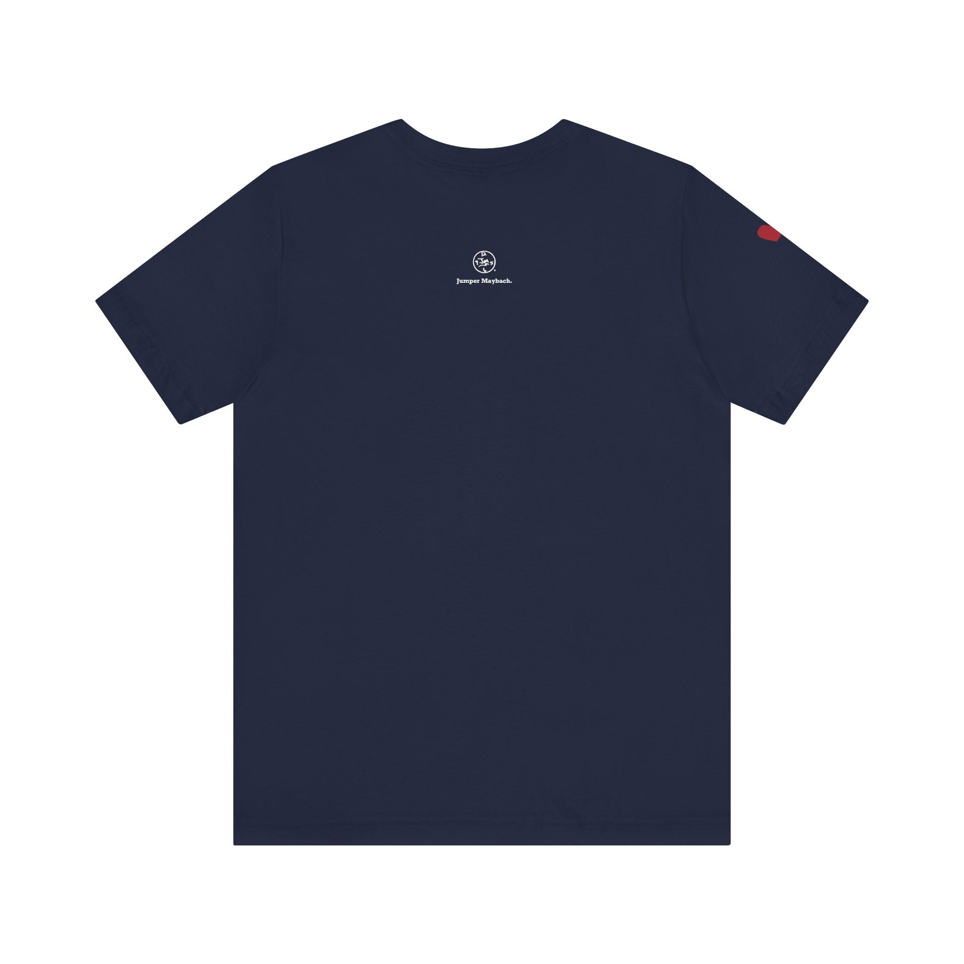 Navy blue t-shirt with a logo on the chest and袖口