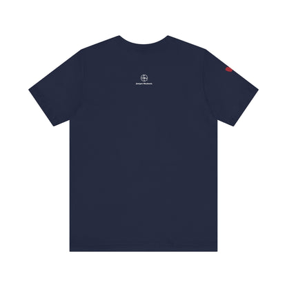 Navy blue t-shirt with a logo on the chest and袖口