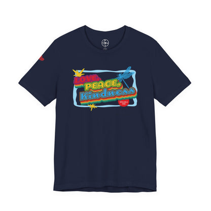Navy blue t-shirt with colorful graphic design on a white background