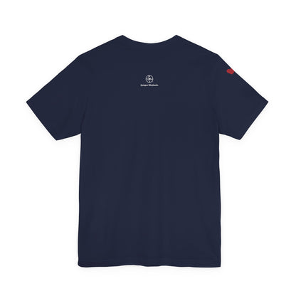 Navy blue t-shirt with a logo on the back against a white background
