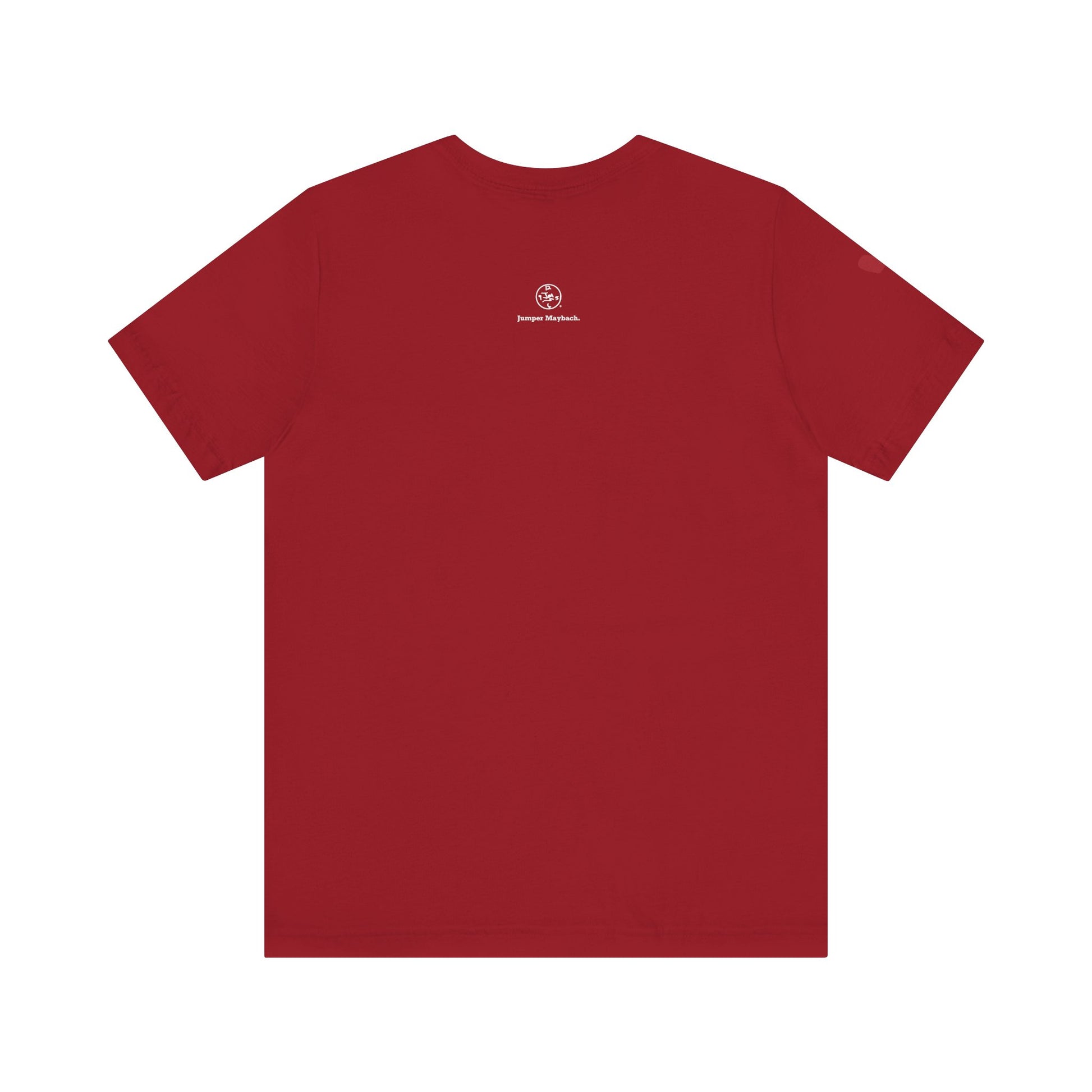 Red t-shirt with a small logo on the back against a white background
