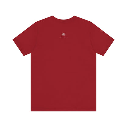 Red t-shirt with a small logo on the back against a white background