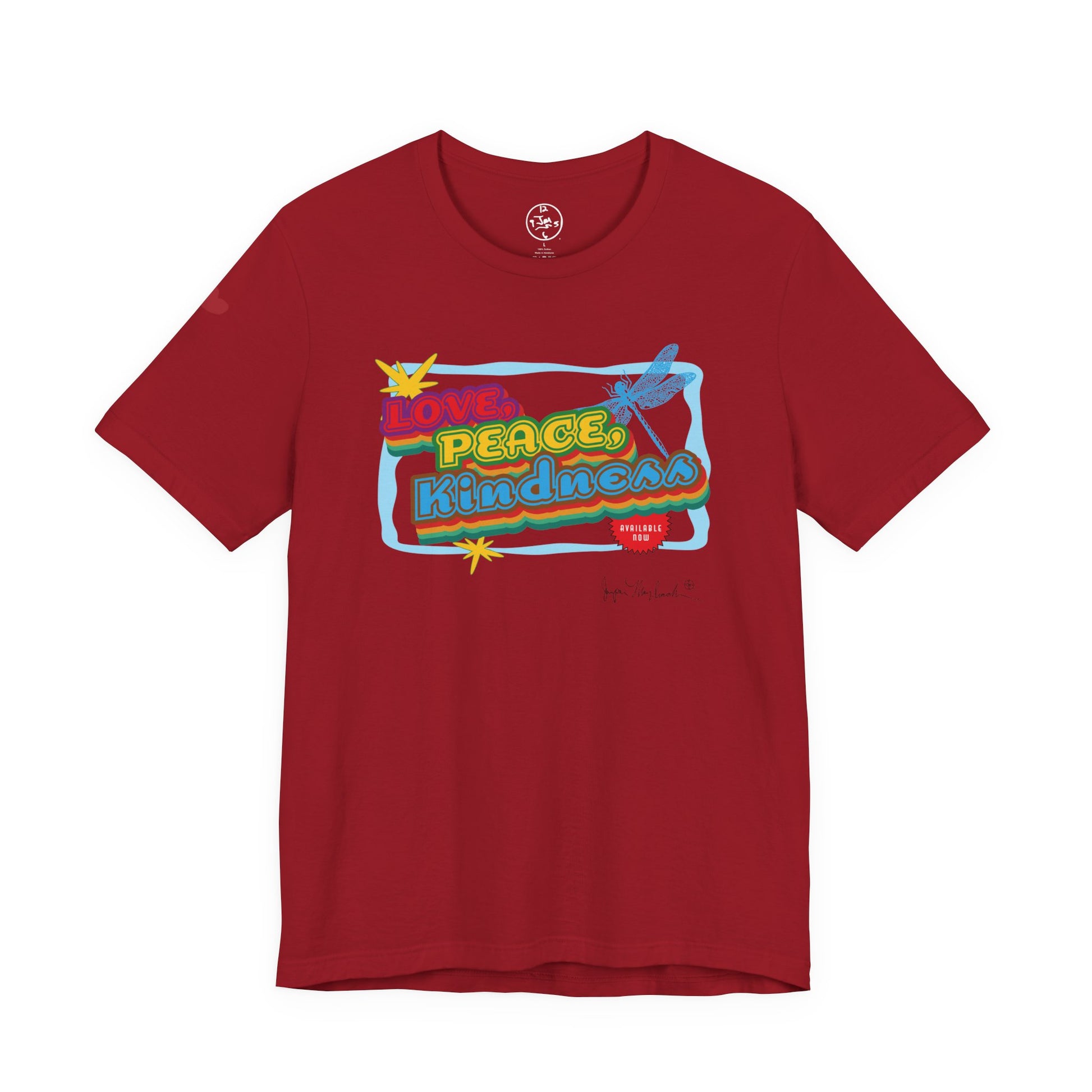 Red t-shirt with colorful graphic design on a white background