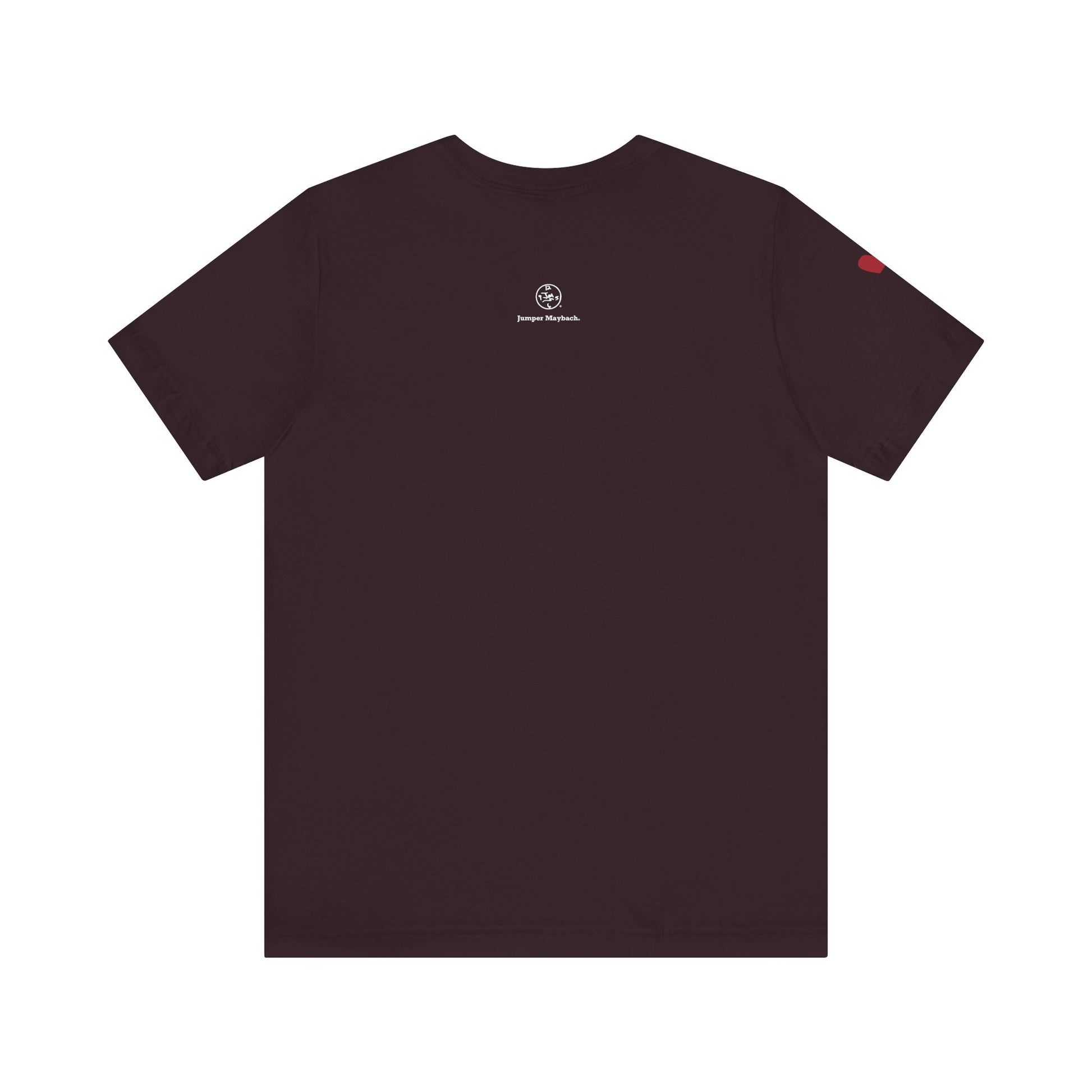 Black t-shirt with a logo on the back against a white background