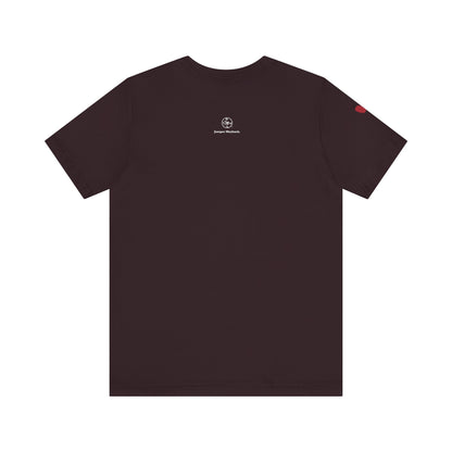 Black t-shirt with a logo on the back against a white background