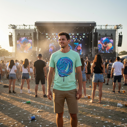 Man wearing a light blue t-shirt with a colorful design at a music festival.