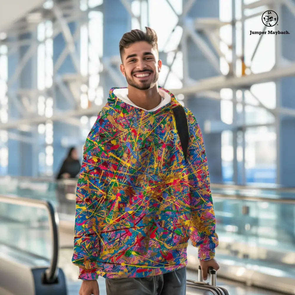 Unisex Quantum Dream all-over print pullover hoodie by Jumper Maybach® featuring vibrant abstract artwork.
