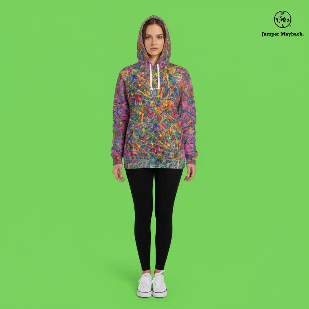 Unisex Quantum Dream Jumper Maybach® all-over print hoodie with vibrant abstract design on black fabric.