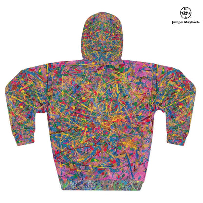 Unisex Quantum Dream all-over print pullover hoodie by Jumper Maybach® featuring vibrant abstract graphics.
