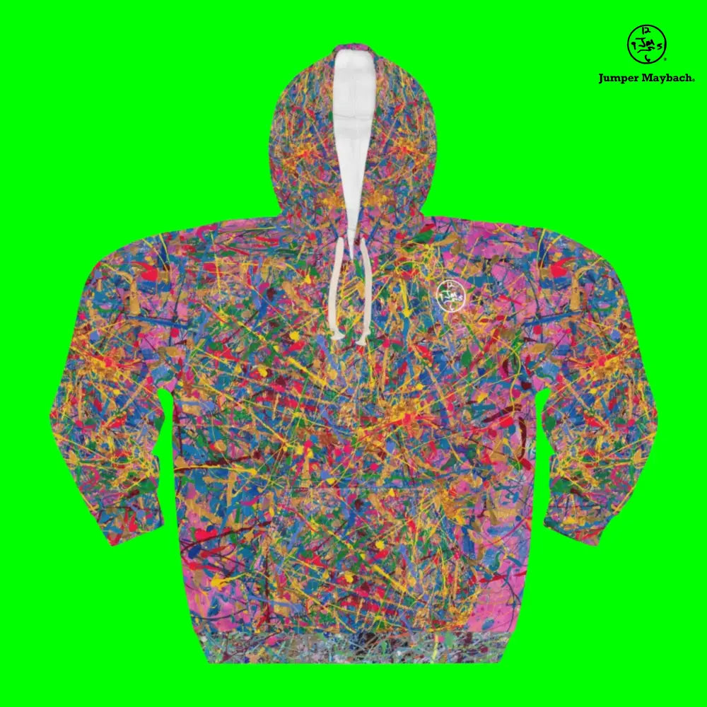 Unisex Quantum Dream all-over print hoodie by Jumper Maybach® featuring vibrant, abstract graphics on a cozy pullover.