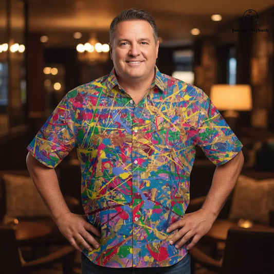 Quantum Dream PLUS SIZE Resort Unisex Shirt by Jumper Maybach, men's casual shirt, front view with vibrant print