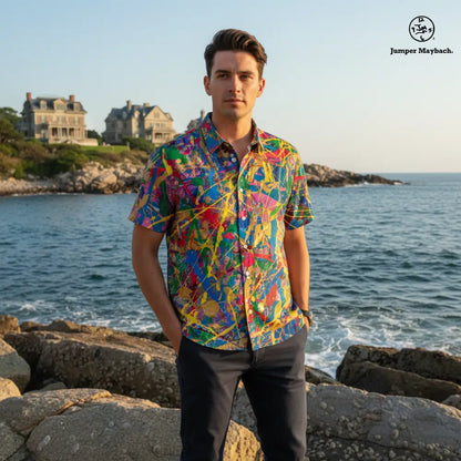 Unisex Quantum Dream Resort shirt by Jumper Maybach® featuring a vibrant, colorful tropical print on lightweight men's clothing.