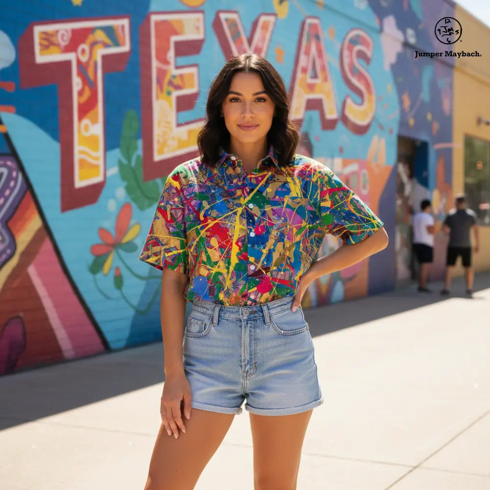 Quantum Dream Resort unisex shirt by Jumper Maybach® featuring vibrant, colorful abstract print on lightweight men's clothing