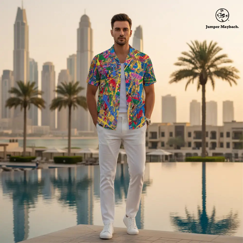 Unisex Quantum Dream Resort shirt by Jumper Maybach® featuring colorful tropical print, casual men's clothing style.