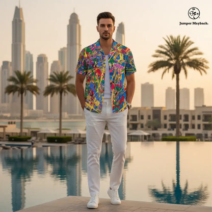 Unisex Quantum Dream Resort shirt by Jumper Maybach® featuring colorful tropical print, casual men's clothing style.