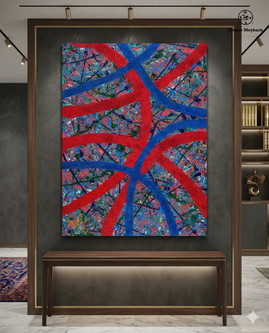 Vivid artwork titled Radiant Inertia by Jumper Maybach, featuring vibrant colors and abstract shapes in a modern painting style.