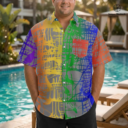Rainbow Matrix PLUS SIZE Resort UNISEX shirt by Jumper Maybach®, featuring vibrant multicolor geometric pattern on men's and unisex clothing.