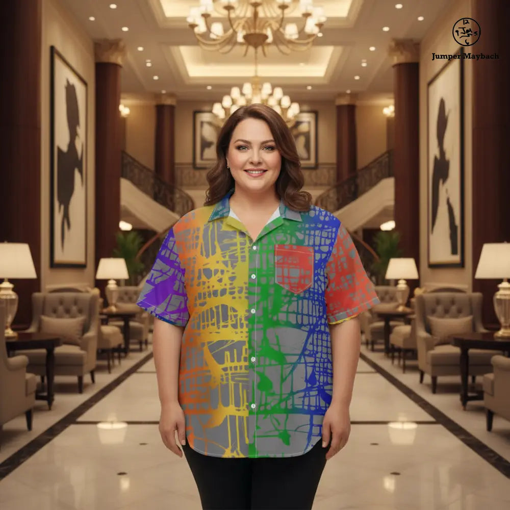 Rainbow Matrix PLUS SIZE Resort UNISEX shirt by Jumper Maybach, men's colorful casual shirt with vibrant geometric pattern.