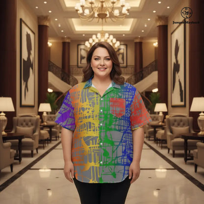 Rainbow Matrix PLUS SIZE Resort UNISEX shirt by Jumper Maybach, men's colorful casual shirt with vibrant geometric pattern.