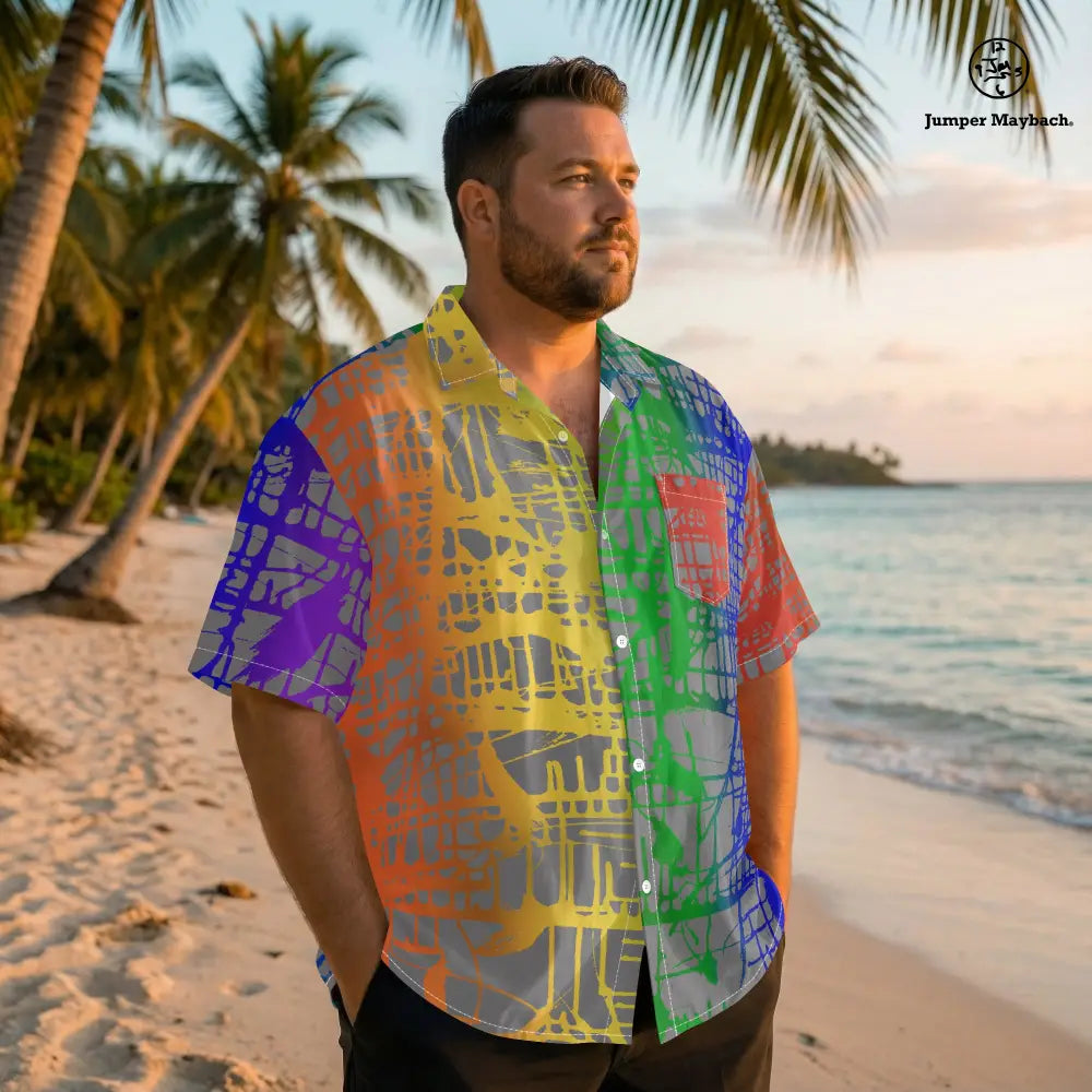 Rainbow Matrix PLUS SIZE Resort UNISEX shirt by Jumper Maybach, featuring vibrant rainbow patterns on men's and unisex clothing.
