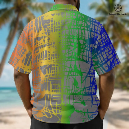 Plus size rainbow matrix resort shirt by Jumper Maybach, unisex men's clothing with vibrant colorful design.