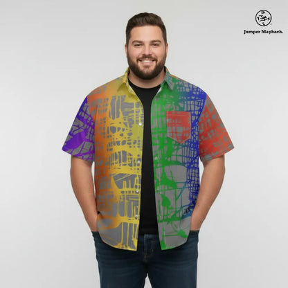 Rainbow Matrix PLUS SIZE Resort UNISEX shirt by Jumper Maybach, featuring colorful geometric pattern in men's and unisex fit.