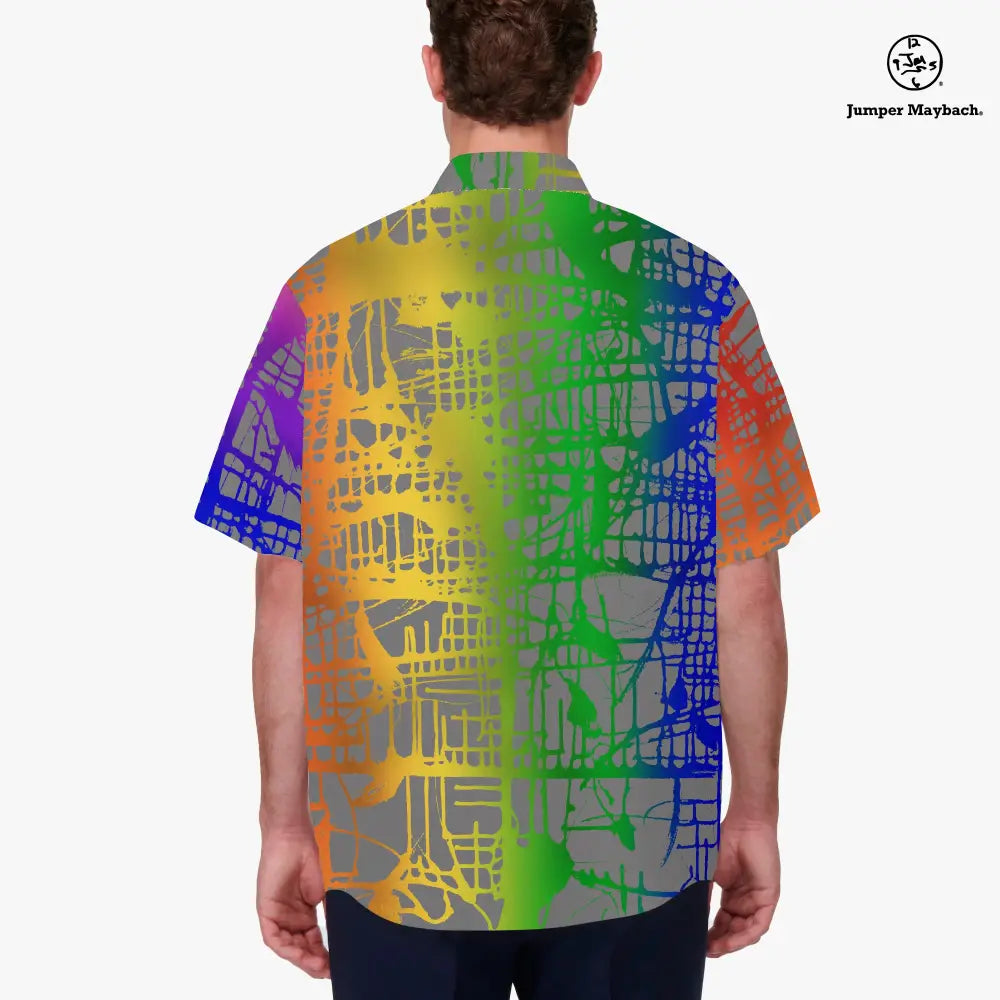 Rainbow Matrix Resort unisex shirt by Jumper Maybach, casual men's clothing with colorful geometric pattern, front view.