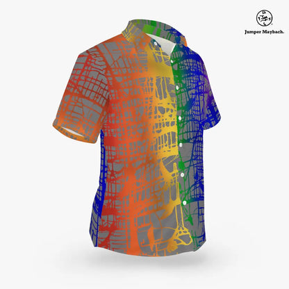 Rainbow Matrix Resort unisex shirt by Jumper Maybach®, featuring vibrant rainbow matrix design, casual men's clothing style.