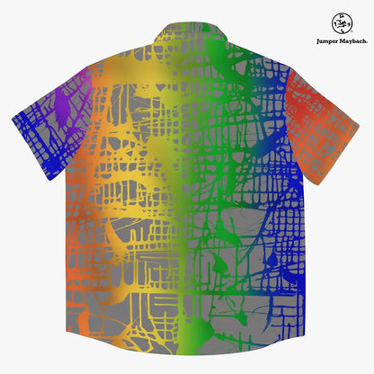 Rainbow Matrix Resort unisex shirt by Jumper Maybach, featuring vibrant rainbow geometric print, made for stylish unisex men's clothing.