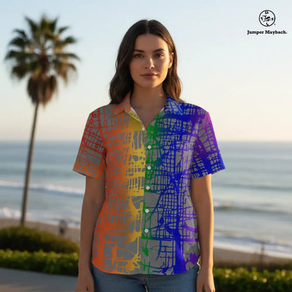 Rainbow Matrix Resort unisex shirt by Jumper Maybach®, featuring vibrant rainbow patterns on men's apparel.